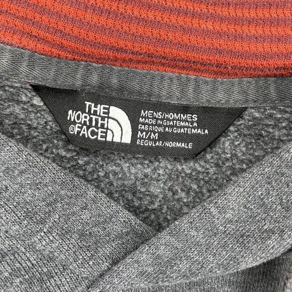NORTH FACE Hoodie Mens Medium Gray Red Stripe Logo Pullover Sweatshirt Fleece - Picture 8 of 10